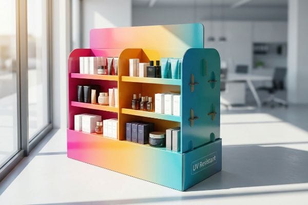 Vibrant gradient retail display stand with cosmetic products, featuring UV Resistant text, designed for window placement.