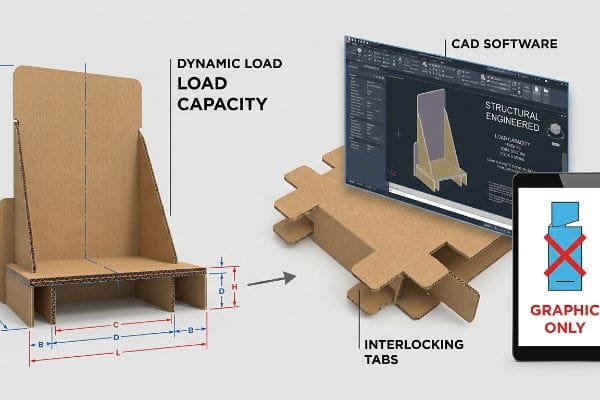 Corrugated cardboard display stand with Dynamic Load Capacity, engineered via CAD Software, contrasting 
