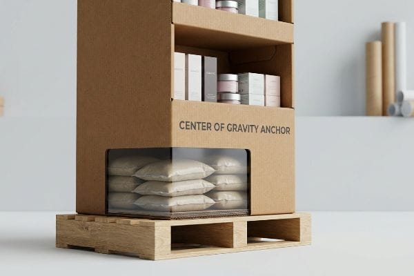 Corrugated floor display with a 'Center of Gravity Anchor' window, showing sandbag weights on a wooden pallet.