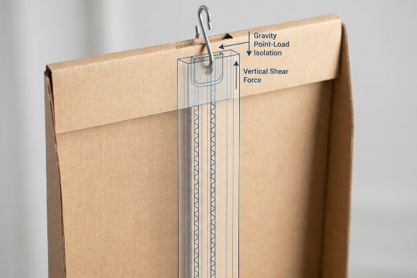 Close-up of a corrugated cardboard power wing display showing an S-clip hook, with an overlay diagram highlighting Gravity Point-Load Isolation and Vertical Shear Force.