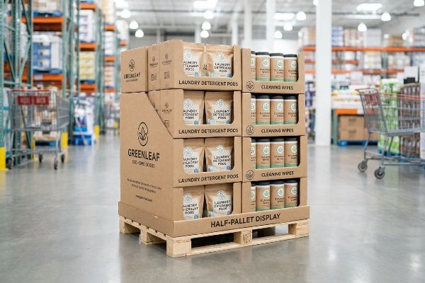 A Greenleaf half-pallet display showcases Laundry Detergent Pods and Cleaning Wipes in a warehouse aisle.