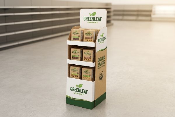 A Greenleaf Organics cardboard retail display with three shelves presenting organic snacks in a store.