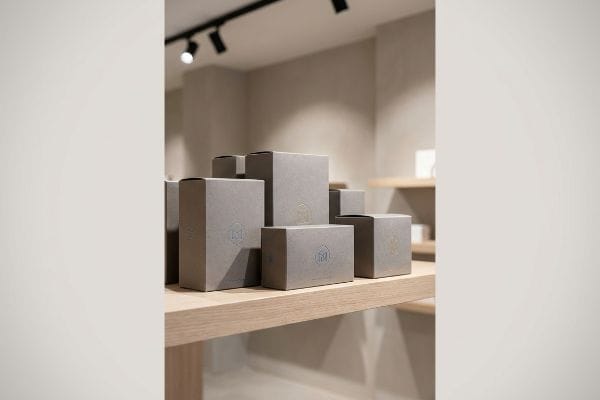 Arrangement of grey cardboard boxes with subtle gold and blue foil logos on a light wooden shelf, under track lighting.
