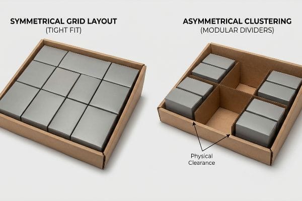 Gray blocks are packed in two brown cardboard boxes, contrasting a Symmetrical Grid Layout (Tight Fit) with Asymmetrical Clustering (Modular Dividers) highlighting Physical Clearance.