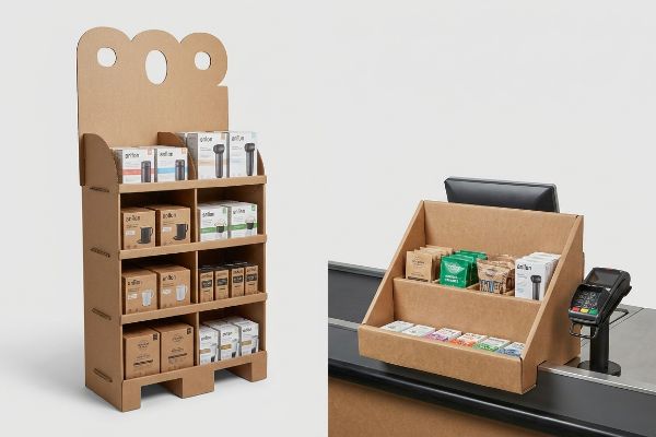 Brown corrugated cardboard floor merchandiser with die-cut header and a tiered counter display, both filled with Grilon products.