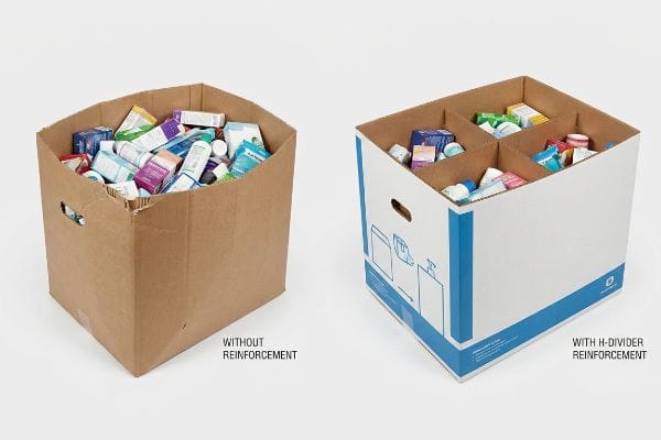 Corrugated dump bins: one Without Reinforcement bulging with products, the other With H-Divider Reinforcement showing stable lateral support.