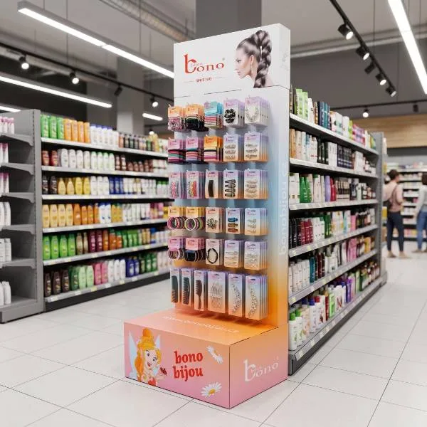 Bodenaufsteller für Haaraccessoires im Supermarktregal