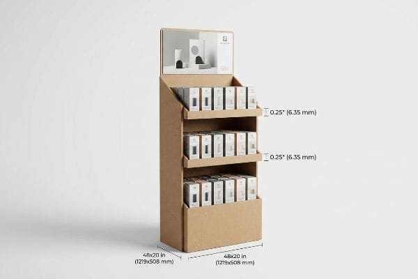 Half Pallet Display Gaps Corrugated half pallet display (48x20 in) with tiered shelves, product boxes, and 0.25-inch gaps.