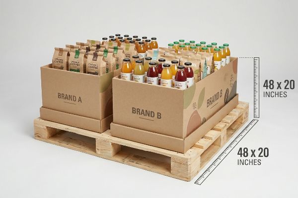 Kraft paper half pallets, Brand A Organic Coffee bags, Brand B Juice bottles, 48x20 inch dimensions on wooden pallet.