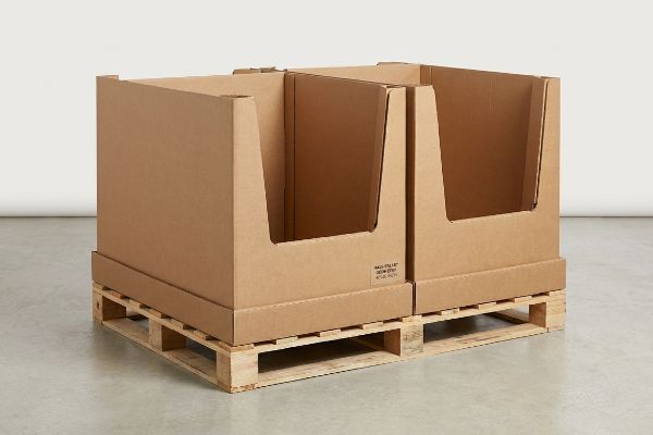 Brown corrugated cardboard half-pallet merchandisers, labeled
