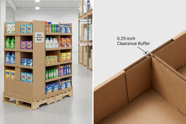 Halbpaletten-Display aus Wellpappe (48 x 20 Zoll) mit 0,25 Zoll Abstandshalter, bestückt mit verschiedenen Reinigungsprodukten.
