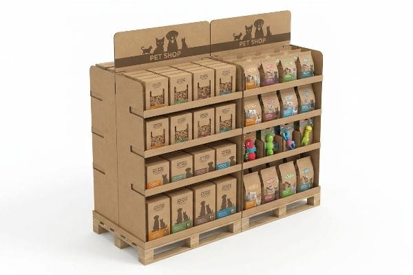 A corrugated Pet Shop display unit on a wooden half pallet, filled with pet food bags and colorful pet toys.