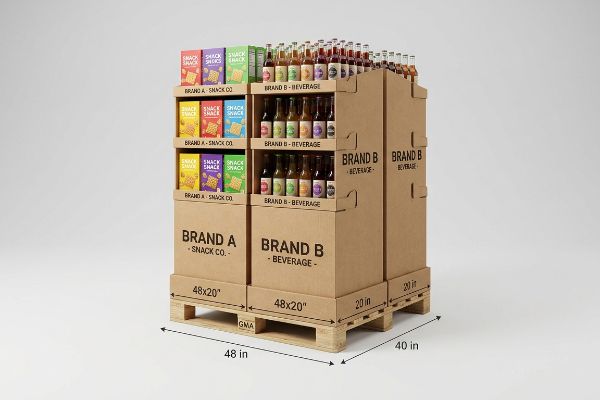 Corrugated cardboard half pallet display on a GMA pallet, featuring Brand A Snack Co. snacks and Brand B Beverage bottles, with 48x20 inch fractional dimensions.