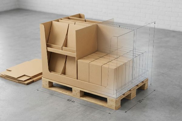 A half-pallet display with 48x20-inch dimensions, showing corrugated cardboard components, stacked boxes, and a wireframe design on a wooden pallet.