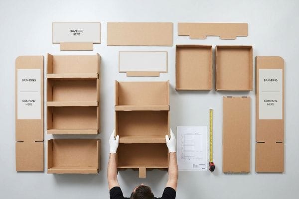 Assembling a custom brown cardboard half pallet display, with flat-packed components, blueprint, measuring tape, and 'Branding Here' sections.