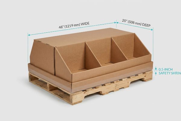 A corrugated half pallet display, 48 inches (1219 mm) Wide by 20 inches (508 mm) Deep, featuring a 0.5-Inch Safety Shrink on a wood pallet.