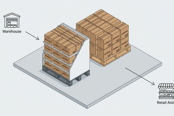 Product boxes on a half-pallet display and full pallet flow from a Warehouse to a Retail Aisle, depicting supply chain logistics.