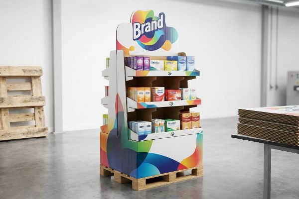 Corrugated half-pallet display with 'Brand' header, tiered shelves of health products, and colorful printed skirt.