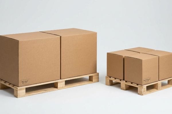 Brown corrugated cardboard boxes, two on a Half Pallet and four on a Quarter Pallet, illustrating fractional logistics.