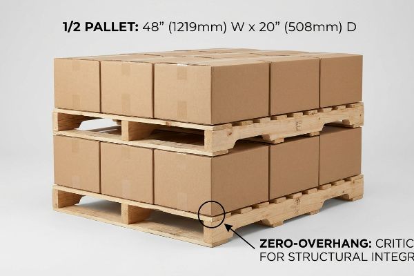 Brown cardboard boxes on stacked 1/2 pallets, demonstrating Zero-Overhang: Critical For Structural Integrity, with dimensions 48 (1219mm) W x 20 (508mm) D.
