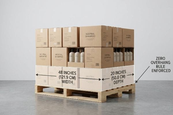 Half pallet of Neutral Shampoo boxes, 48 inches wide by 20 inches deep, demonstrating Zero Overhang Rule.