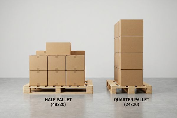 Light brown cardboard boxes stacked on a Half Pallet (48x20) and a Quarter Pallet (24x20), illustrating size differences.