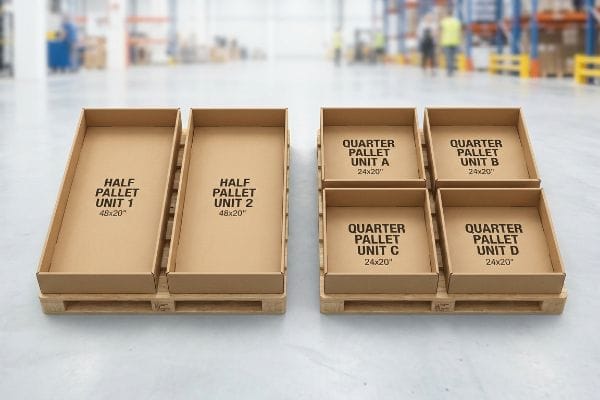 Brown cardboard Half Pallet Units (48x20 inches) and Quarter Pallet Units (24x20 inches) on wooden pallets in a warehouse.