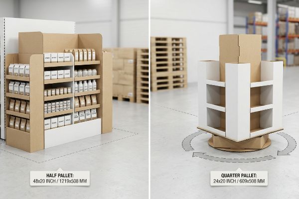Brown cardboard half pallet display (48x20 inch / 1219x508 mm) filled with various products, positioned next to a white quarter pallet rotating floor display (24x20 inch / 609x508 mm) with rotation arrows.