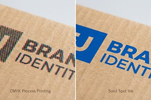 Kraft paper shows CMYK Process Printing with halftone dots versus Solid Spot Ink's vibrant blue Brand Identity.