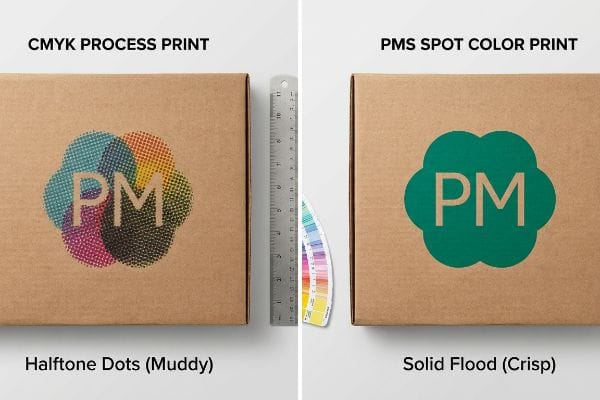 Brown corrugated boxes comparing CMYK Process Print's muddy halftone dots of the PM logo to a crisp PMS Spot Color Print solid flood.