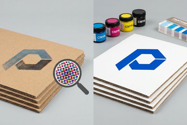 Corrugated displays comparing muddy CMYK halftone logo to sharp blue spot color print, with CMYK inks and Pantone guide.