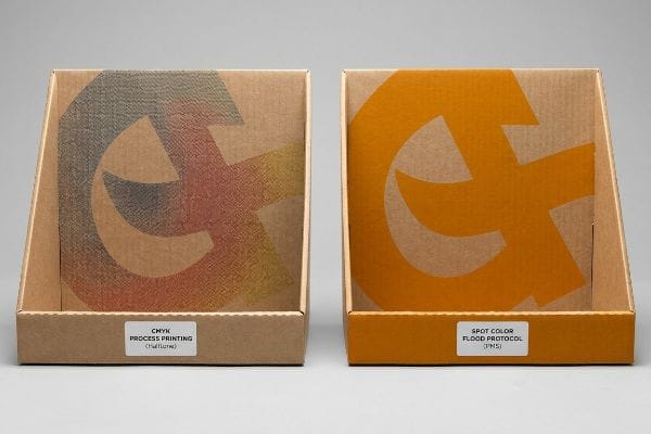 Raw corrugated display boxes demonstrate Cmyk Process Printing (Halftone) versus Spot Color Flood Protocol (Pms) for brand logos.