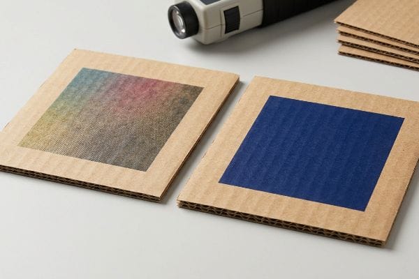 Le carton ondulé présente des points de trame CMJN granuleux à côté d'une couleur Pantone bleue dense, avec un spectrophotomètre.