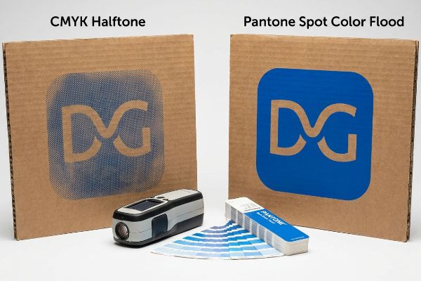 Corrugated cardboard displays show a grainy CMYK Halftone DG logo next to a vibrant Pantone Spot Color Flood DG logo, with a spectrophotometer and Pantone swatch book.