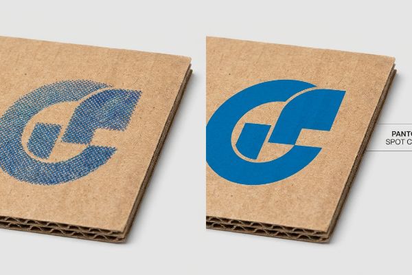 Corrugated cardboard displays two blue logos: a grainy CMYK halftone print and a vibrant Pantone Spot Color print.