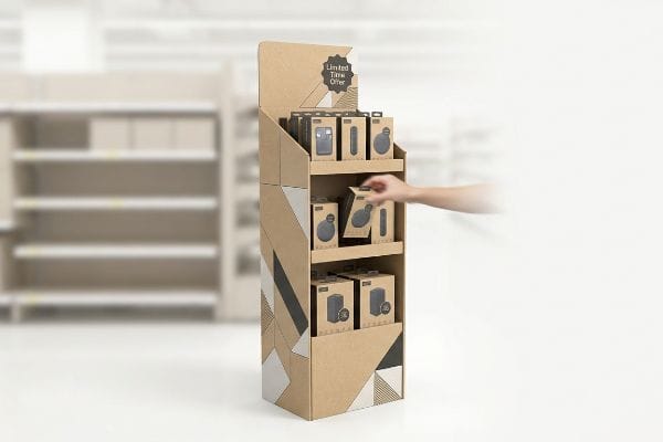A hand reaches for a product box on a kraft cardboard POP display featuring a "Limited Time Offer" sign in a retail aisle.