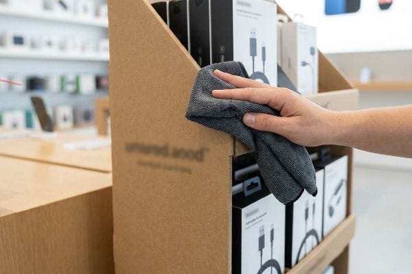 A hand gently wiping a brown cardboard POP display with a grey microfiber cloth, illustrating dry cleaning.