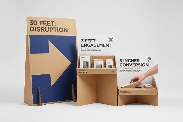 3-3-3 Rule Retail Display Corrugated cardboard display details 3-3-3 rule: 30 Feet Disruption, 3 Feet Engagement (Product Branding), 3 Inches Conversion.