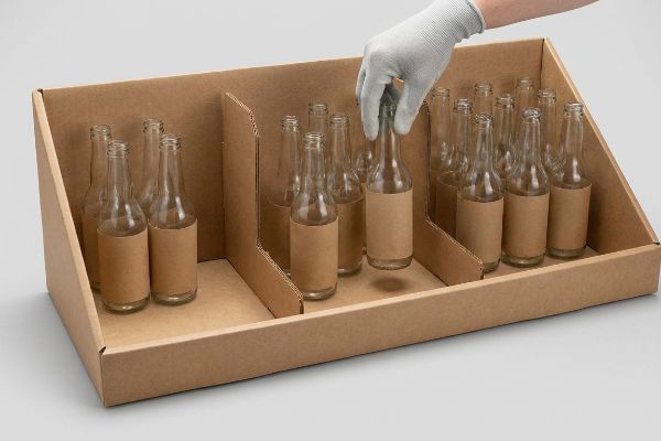 Corrugated cardboard display with modular dividers showcasing clear glass bottles with kraft labels, a gloved hand placing one, highlighting 0.25-inch spacing.