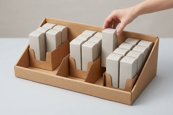 Corrugated cardboard retail display with modular dividers, a hand placing a light grey product box, demonstrating restocking.