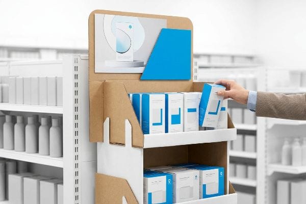 A kraft paper custom corrugated counter display holds La Roche-Posay Anthelios 50+ and Lento skincare products.