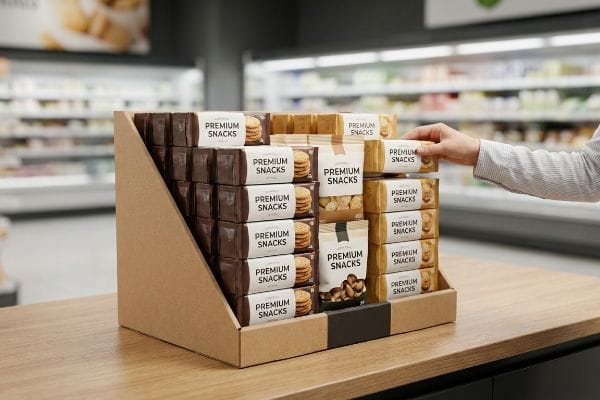 A hand selects a gold Premium Snacks box from a brown cardboard PDQ display, showcasing various snack options in a retail aisle.