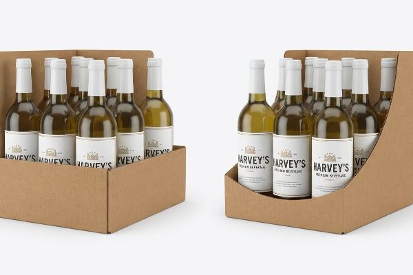 Brown kraft cardboard display trays showcase Harvey's Premium Beverage bottles with custom die-cut swoops for label visibility.