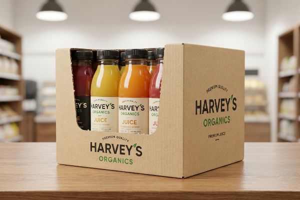 Corrugated Harvey's Organics Premium Juice PDQ display, pre-packed with assorted juice bottles on a wooden counter.