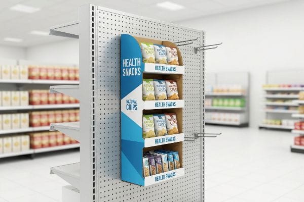 Health Snacks Sidekick Display Blue and brown side cap display featuring Health Snacks and Natural Chips bags, attached to a white pegboard gondola in a grocery store.