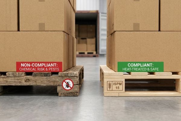 Rough wooden pallet, 'Non-Compliant: Chemical Risk & Pests' with pest symbol, contrasts ISPM 15 'Compliant: Heat-Treated & Safe' pallet.