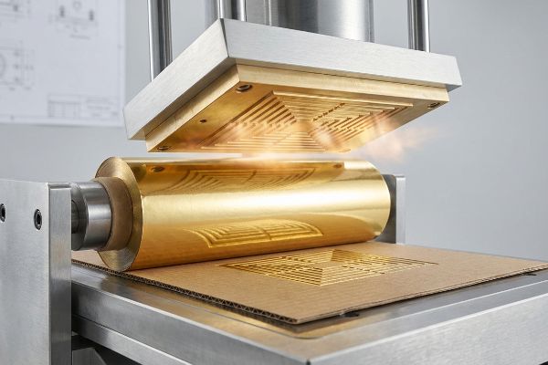 Heated brass die applying a geometric pattern onto gold foil and corrugated cardboard during the foil stamping process.