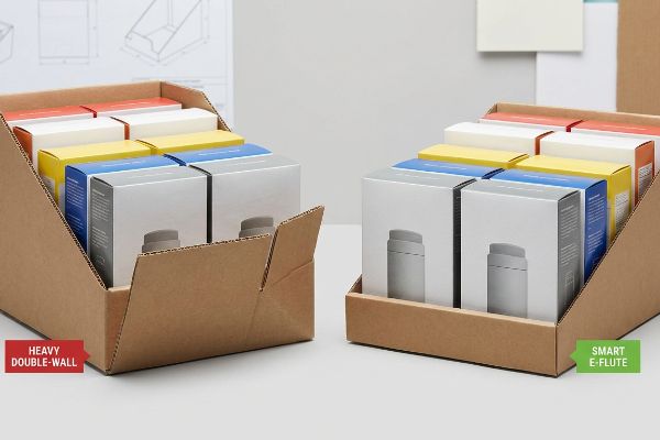 Brown corrugated trays, one Heavy Double-Wall and one Smart E-Flute, filled with colorful product boxes, showcasing material comparison.