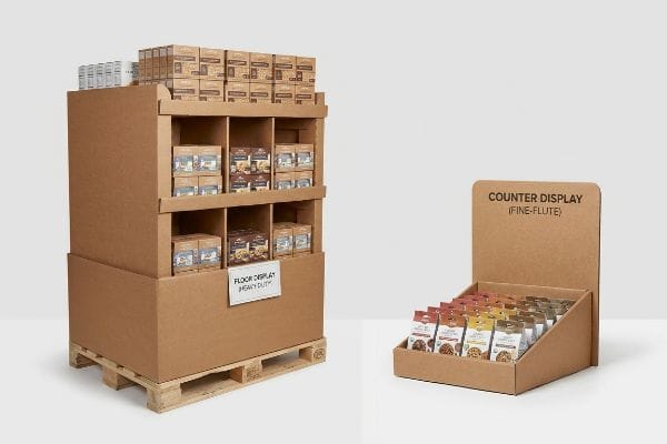 Présentoir de sol en carton ondulé, étiqueté « Présentoir de sol robuste », sur une palette contenant des produits, à côté d'un « Présentoir de comptoir (cannelure fine) » avec des sachets.