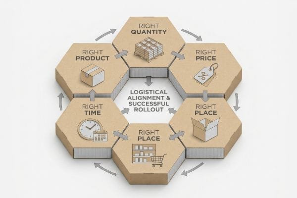 Cardboard hexagonal diagram illustrating Logistical Alignment & Successful Rollout, featuring Right Product, Quantity, Price, Time, and Place.